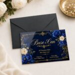 Mavi Çiçekli Premium Düğün Davetiyesi