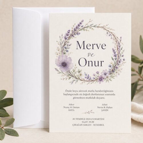 Mor Çiçekli Taç Düğün Davetiyesi