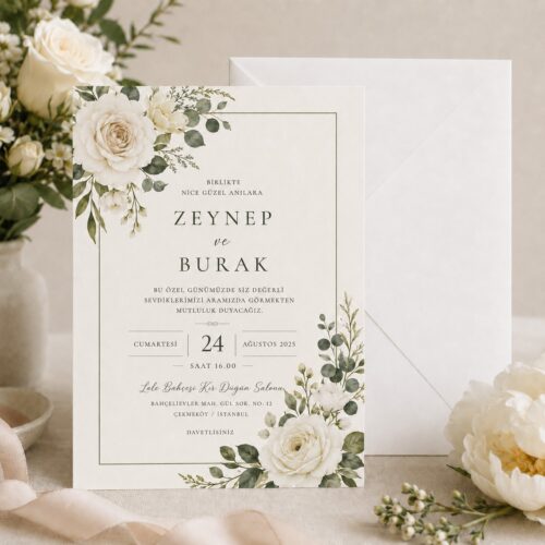 Zarif Beyaz Gül Düğün Davetiyesi